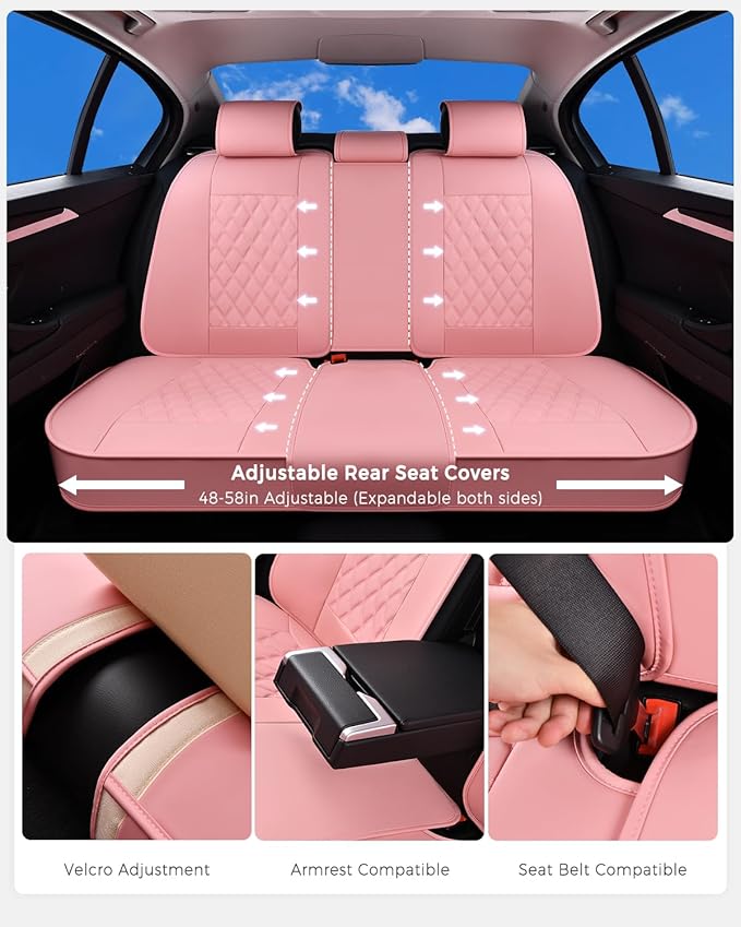 Huidasource Pink Seat Covers, Nappa Leather Car Seat Covers, Velcro Adjustable, Compatible with Airbags, Armrests, Child Seat, Seat Belts, Fit for Most Cars, Vans, Trucks, SUVs (Full Set/Pink)