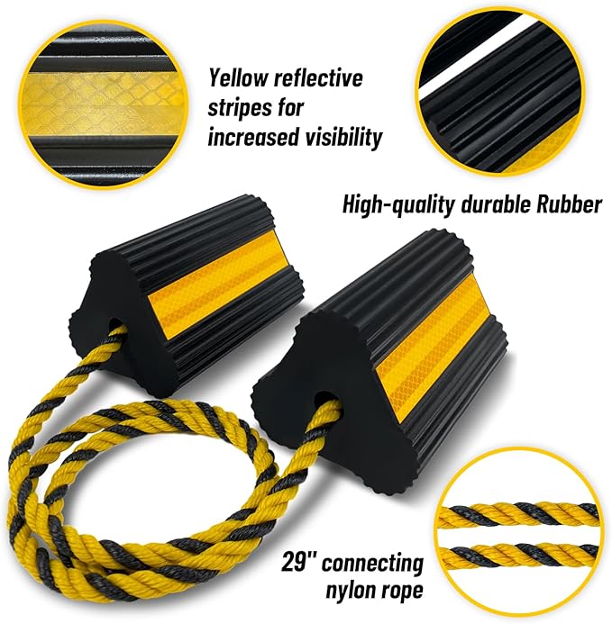 Wheel Chocks (2pair/4pack with Rope) for RV Trailer Camper Truck Car Aircraft, Versatile Heavy Duty Rubber Wheel Chocks Block with 3 Reflective Strips, Tire Wheel Immobilizers & Chocks