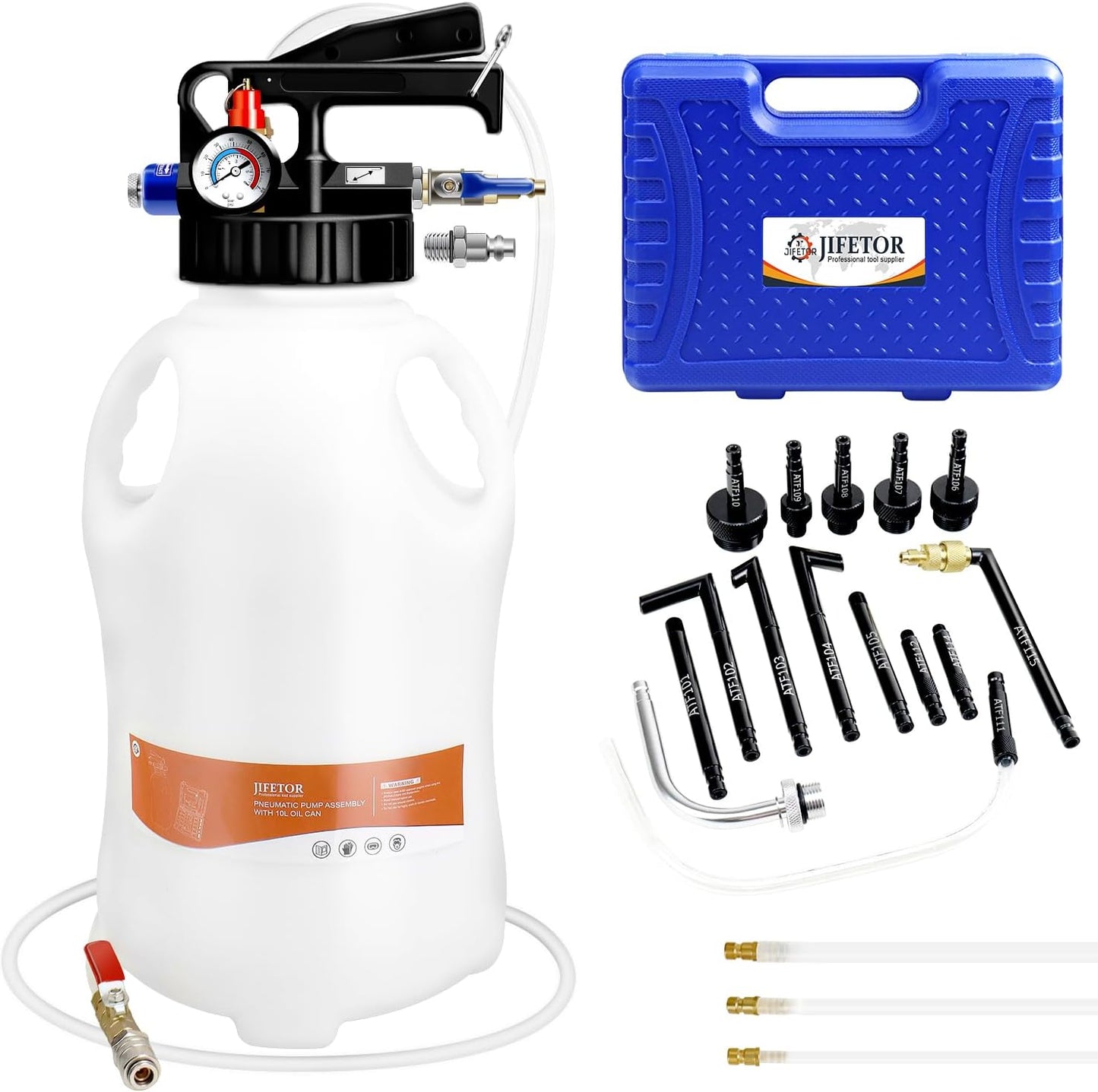 JIFETOR Transmission Fluid Pump Pneumatic Extractor and Dispenser Tool Kit, 10L ATF Fill and Evacuator Oil Can Set with 15PCS ATF Adapters 3PCS 1M Hose for Gear Oil Garage and Shop Fluid Transfer
