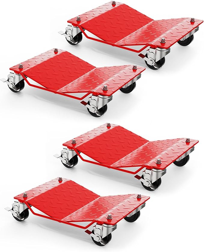 Car Wheel Dolly Set of 4,6000 LBS Capacity Heavy Duty Vehicle Mover Dolly with Brakes for Moving Cars, Trucks, Trailers and Motorcycles, Red