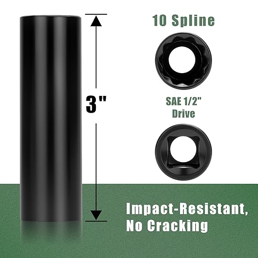 10 Point Spline Lug Nut Socket, 1/2-Inch Drive Impact Square Tool – Easily Remove M14x1.5, M14x2.0, 9/16 Lug Nuts and M16X1.5 Lug Bolts | 1 Pc (Black)