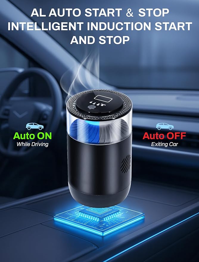Smart Car Air Freshener,Ambient Light & Mist Fragrance,2 Pack Refill for 6 Months,Auto On/Off,3 Adjustable Modes,Black Air Freshener Perfect for Car,Bedroom,Office,Restrooms. (Mystic Ice)
