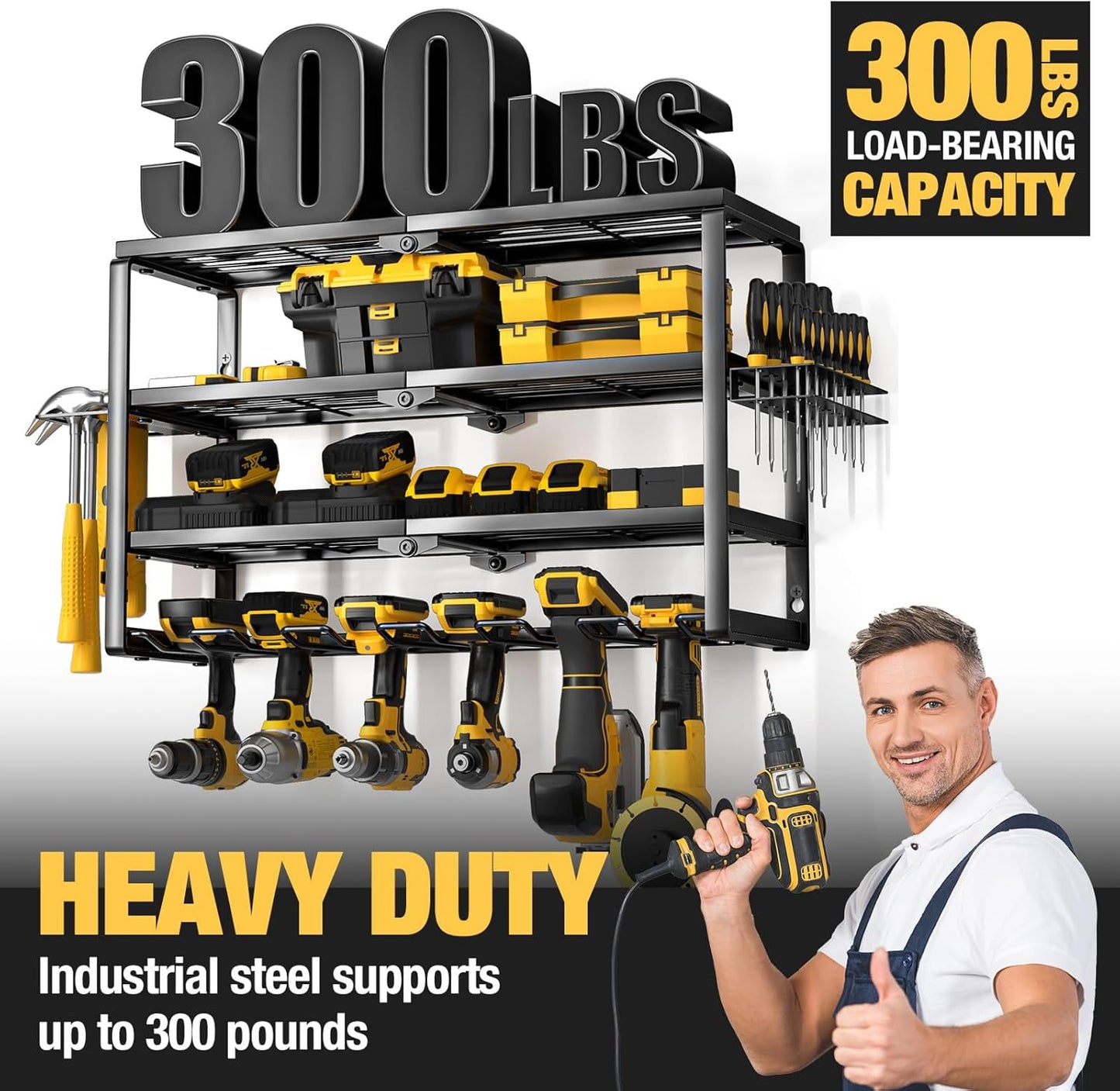 YYR 4 Layer Power Tool Organizer Wall Mount, Cordless Drill Hanger Storage Rack, Battery Tools Holder with Charging Station Shelf for Garage Organization, Workshop, Pegboard, Shed - 24 Inch 6 Slots