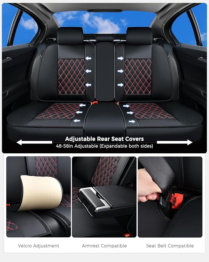 Huidasource Seat Covers, Nappa Leather Car Seat Covers, Velcro Adjustable, Compatible with Airbags, Armrests, Child Seat, Seat Belts, Fit for Most Cars, Vans, Trucks, SUVs (Full Set/Black&Red)