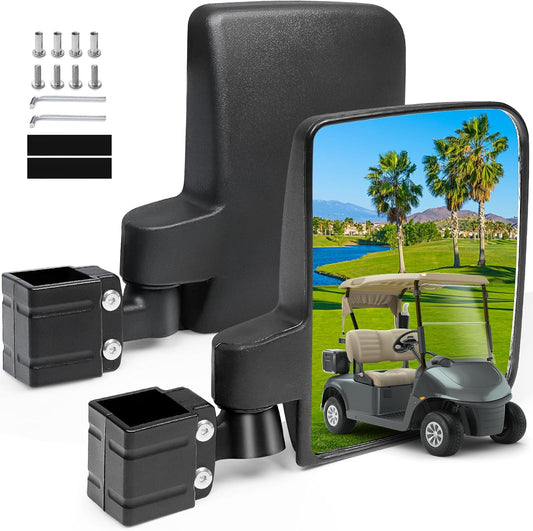 Golf Cart Side Mirrors No Drilling, Universal Folding Rear View Mirror for 0.75"-1.25" Square Rail, Fits EZGO Club Car Yamaha, 180 Degree Rotation Large HD Glass Rearview Shatterproof Surface