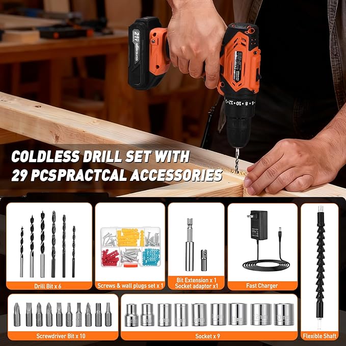 WORKBLESS Cordless Drill, Power Drill Set with 1 Battery and Charger, 40Nm, 20+1 Torque, 2 Speed, Keyless 3/8" Electric Screwdriver with LED Light, 28pcs Drill Bits Set(Orange)