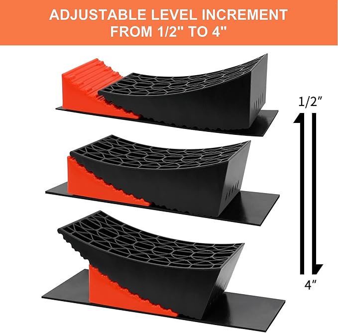HDPE Curved RV Leveling System for Travel Trailers,Include 2 Camper Levelers,2 Chocks,2 Anti-Slip Rubber Mats,1 Carrying Bag,Up to 35000lbs,Faster and Preciser Leveling Than Camper Leveling Blocks