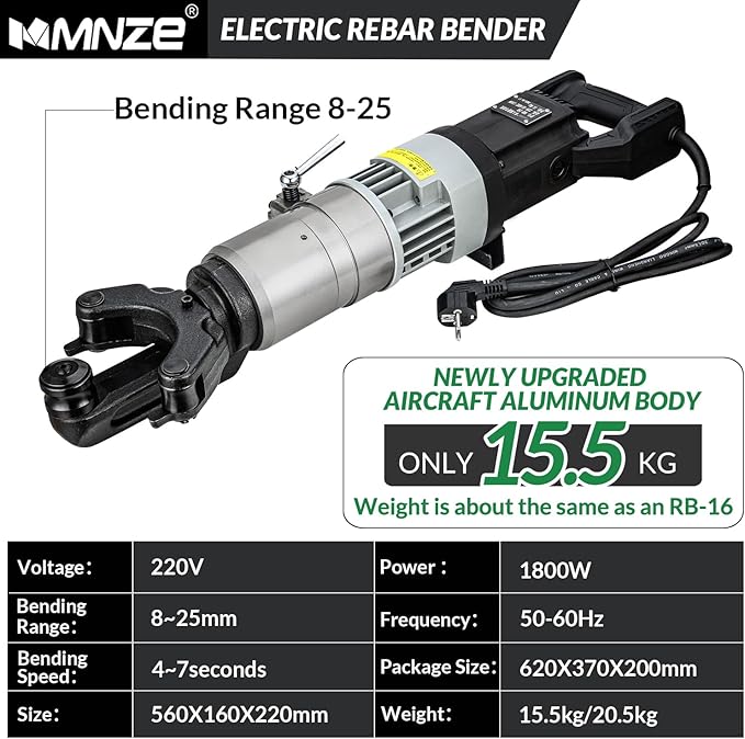Electric Hydraulic Rebar Bender 1800W Portable Rebar Bending Machine 1 Inch #8-25mm Rebar Bending Angle 0-130 Degrees with Positioning Bolt, Fast Bending or Straightening, 110V