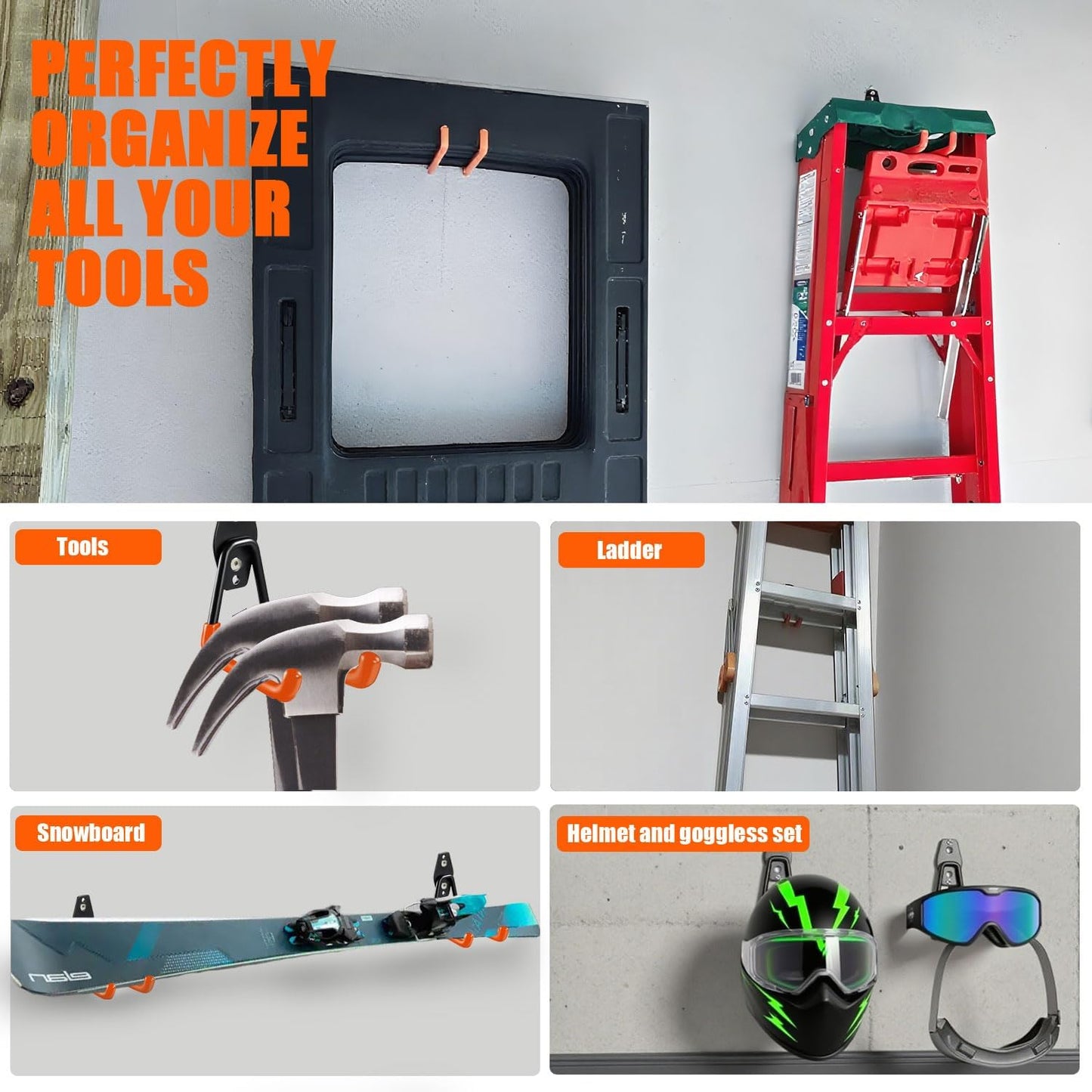 Heavy-Duty Garage Hooks -2 Pack Type medium J - Anti-Slip Coated Wall-Mounted Hooks Wall Mount Storage Organizer for Hanging Power and Garden Tools, Ladders, Hose, Bikes, Ropes, Bulk Items, and More