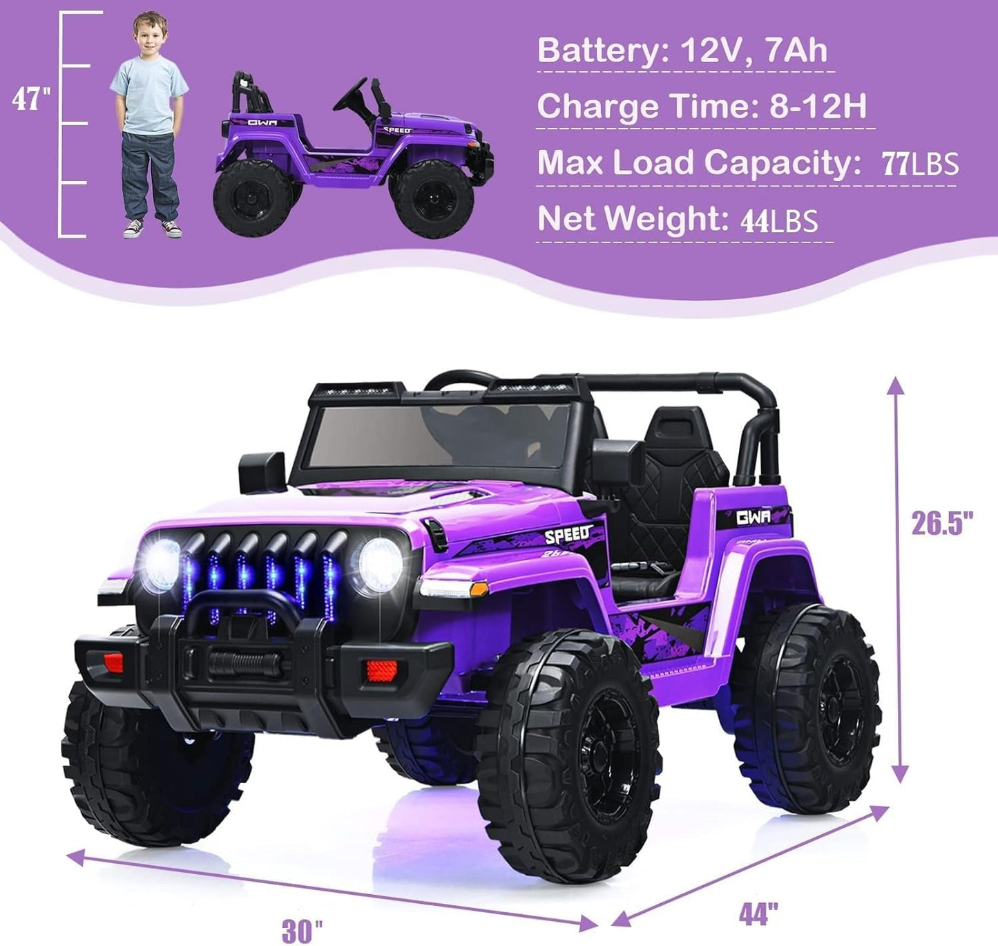 INFANS Kids Ride on Car Truck with 2.4G Remote Control, 12V Battery Powered Electric Cars for Kids w/3 Speeds, Battery Display, LED Lights, Safety Belt, Music & Horn, Bluetooth/FM/USB (Purple)