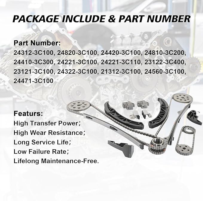 Engine Timing Chain Kit TK10880 Fits for 2006-2011 Azera Entourage Genesis Santa Fe Sonata Sorento Sedona 3.3L 3.5L 3.8L G6DB G6DC G6CD G6DA TK10880 Timing Chain Replacement Parts