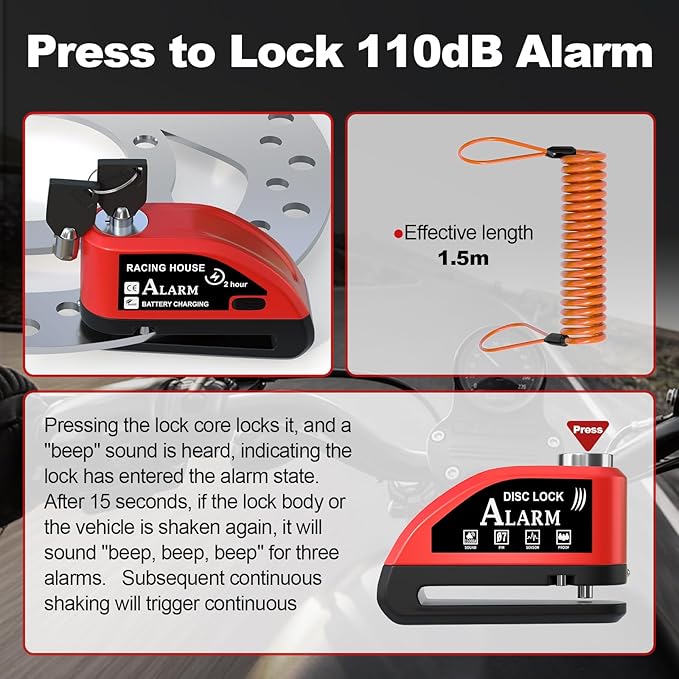 Motorcycle Alarm Disc Brake Lock With Reminder Cable - Rechargeable, 110 dB Sound, Anti-Theft Waterproof, 2 H Fast-Charging, 9 Months Standby, 7 mm Pin Universal for Bikes