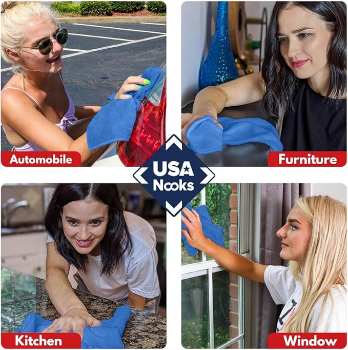 USANOOKS Microfiber Cleaning Cloth - 1200 Washes, Ultra Absorbent Towels Grip Root Weave Grime - 08pack - Blue