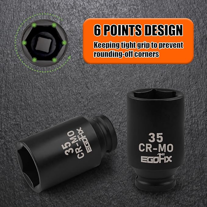1/2" Drive Deep Impact Socket, 35mm Metric Socket, Axle Nut Socket CR-MO 6 Point for Easy Removal of Axle Shaft Nuts