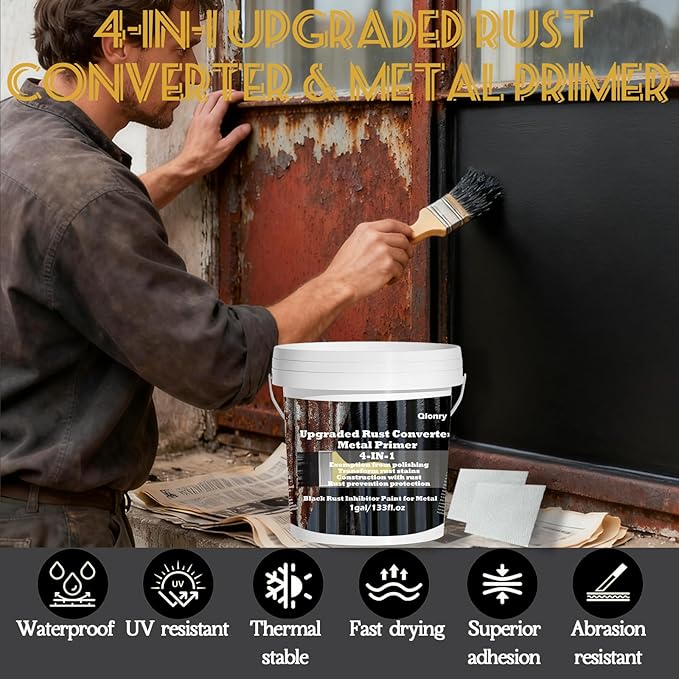 4-in-1 Upgraded Rust Converter & Metal Primer,1Gal/133Fl.oz Black Rust Inhibitor Paint for Metal, Heat Resistance & UV Resistant Automotive Water Based Rust Reformer Rust Paint