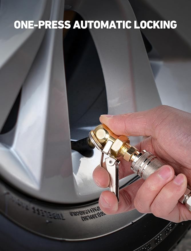 2-Pack Closed Ball Tire Chuck with Clip, 1/4" FNPT Locking Air Chuck Tire Inflator Nozzle with Quick Plug, 2-Way Connection Clip-On Air Chuck for Tire Air Compressor Accessories