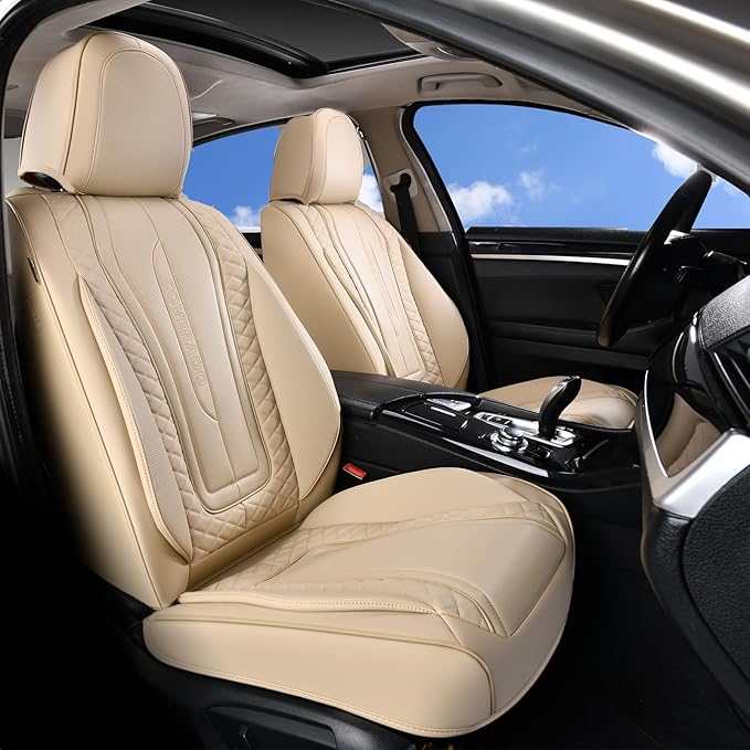 Coverado Car Seat Covers, Front Seat Cover 2-Pack, Faux Leather Waterproof Seat Covers, Car Seat Protectors,Driver Seat Covers Automotive Seat Covers Accessories Universal Fit Most Vehicles Beige