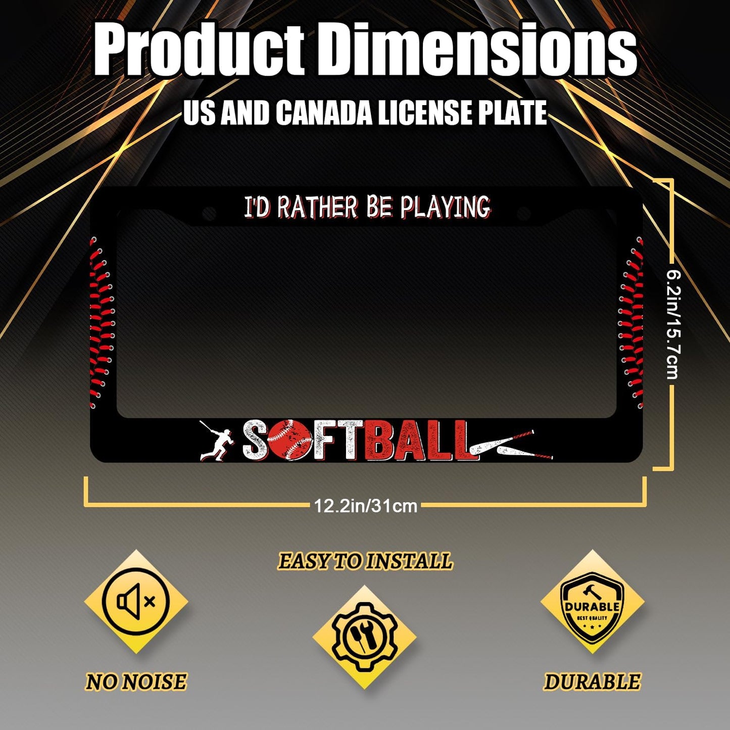 I'd Rather Be Playing Softball License Plate Frame Balls License Plate Stainless Steel Funny Black Accessories Cars Decor 12.2 X 6.2 Inch with 2 Holes and Screws Fits Standard Us Ca Vehicles