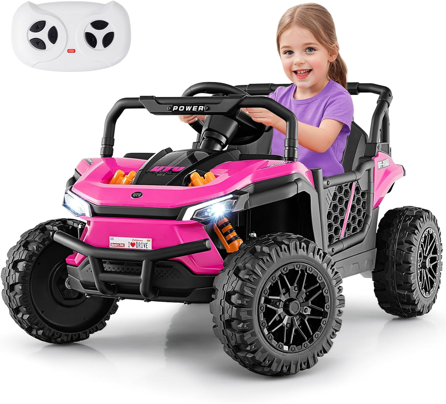 Costzon Kids UTV, 12V Battery Powered Electric Off-Road Car w/Remote Control, Sounds, Wireless Connection, 3 Speeds & 4-Wheel Suspension, Kids Ride on Truck, Gift for Boys & Girls 3+ Years Old (Pink)