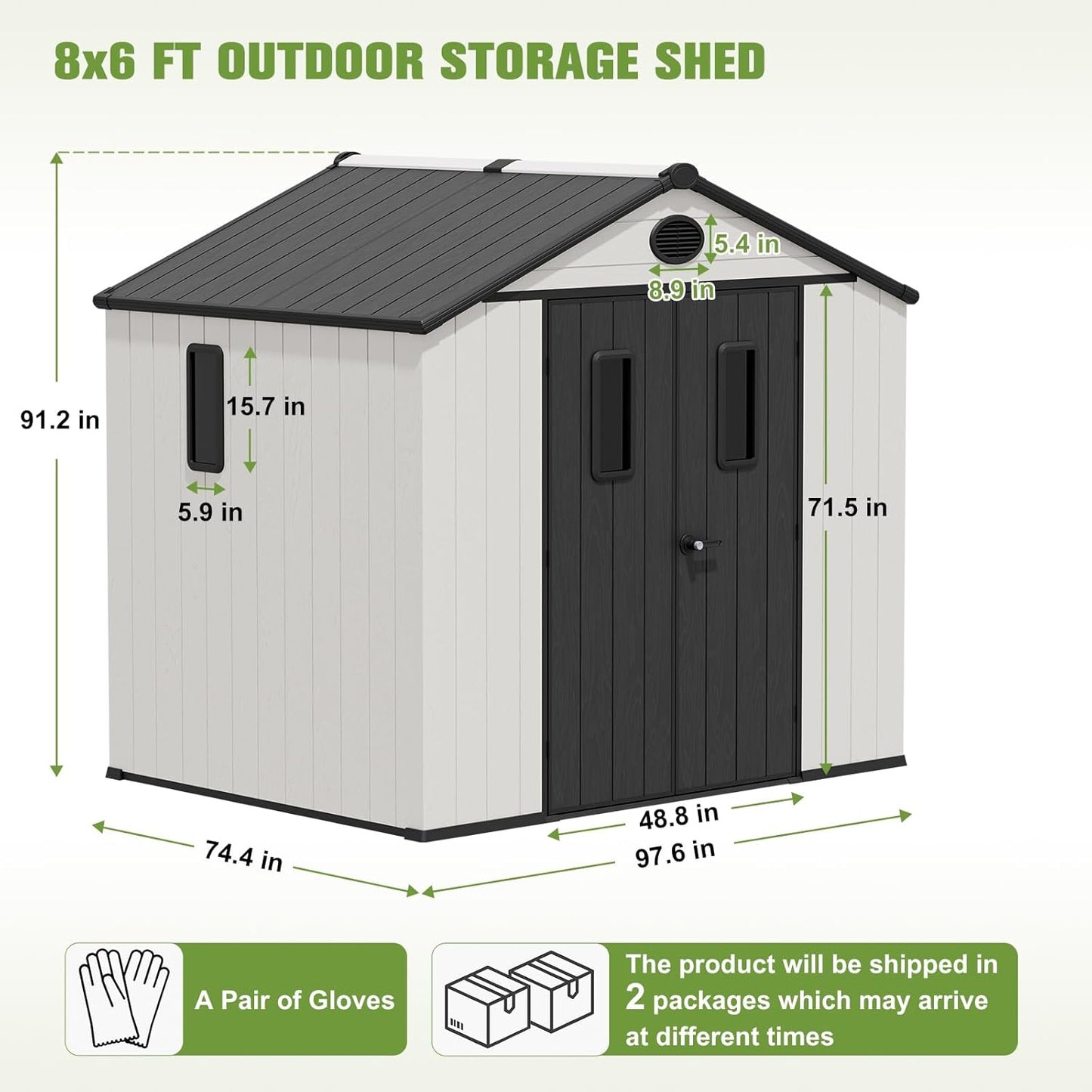 COOS BAY Resin Outdoor Storage Shed with Lockable Double Doors, Heavy-Duty Floor, All-Weather Garden Shed for Tools & Equipment, 8x6 ft, White/Gray