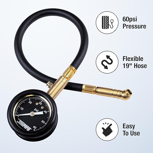 Tire Pressure Gauge for Cars and Trucks. 0-60 PSI Calibrated to ANSI B.40.1 Accuracy. Large 2 Inch Easy to Read Gauge and Long Hose with 360 Degree Rotation at Each End.