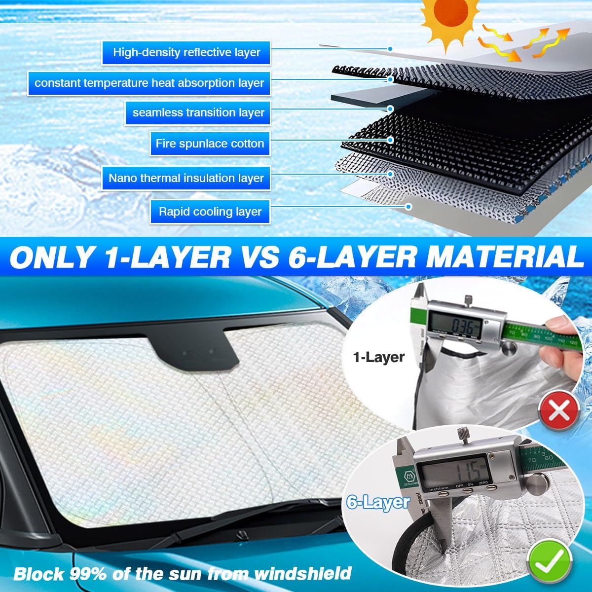 Windshield Sun Shade for 2020-2025 2026 Kia Telluride Accessories Thicken 6-Layer Front Window Sunshade Cover Sun Visor Protector Foldable Block UV Rays Keep Vehicle Cool