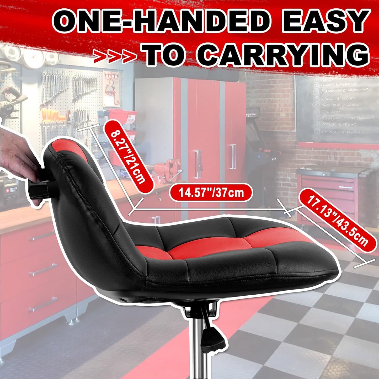 Rolling Stool with Wheels, Adjustable Height Pneumatic Garage Work Mechanic Stool Seat with Backrest, 400 LBS Capacity 360° Swivel Mechanic Crepper Chair with Tool Tray Storage, Red