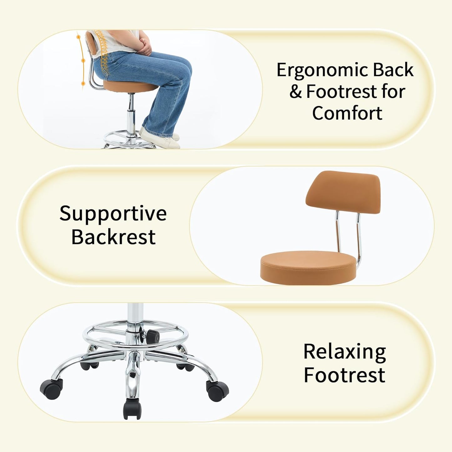 Rolling Stool with Back, Adjustable Tattoo Rolling Chair 19.5’’-26.6’’, Camel Brown Hairstylist Stool with Wheels (Camel Brown)