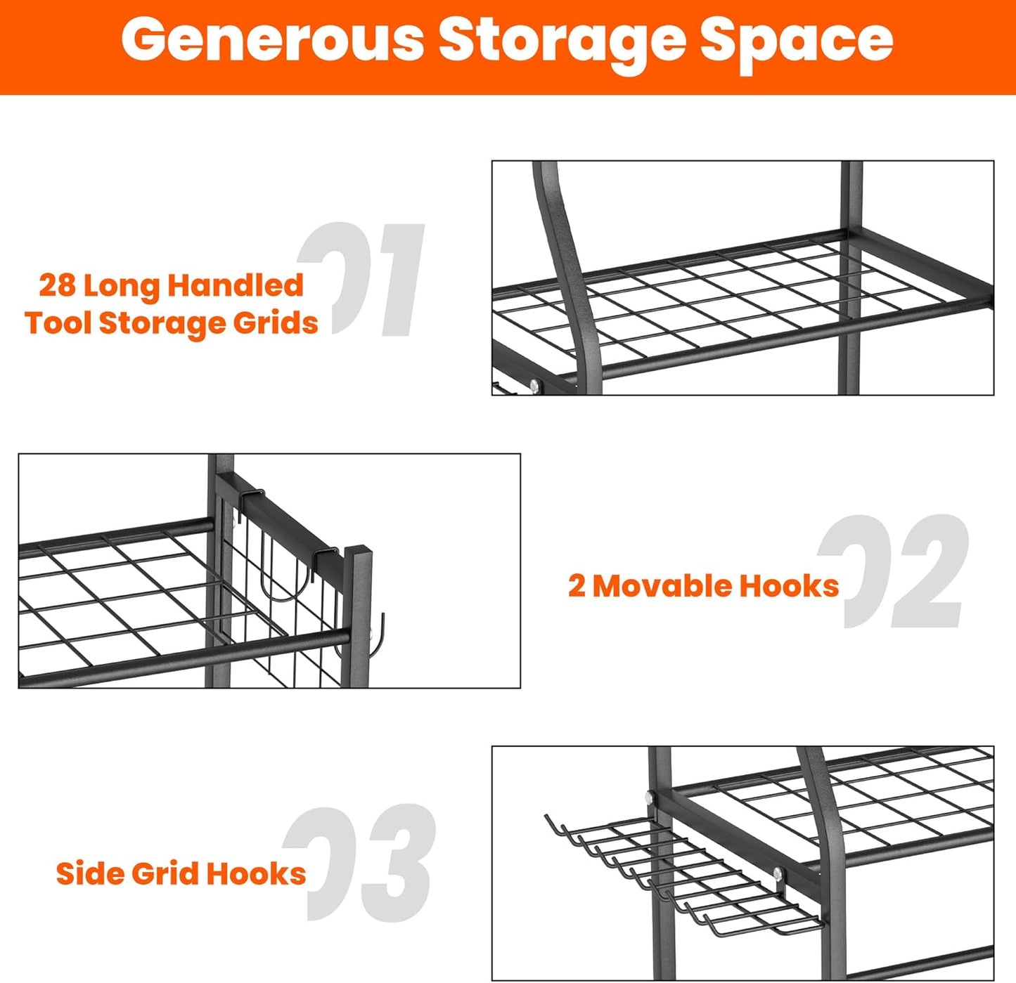 Ultrawall Garden Tool Organizer, Yard Tool Storage Stand for Garage with Lockable Wheels, Shed Tool Storage for Rake, Brooms, Indoor & Outdoor Use