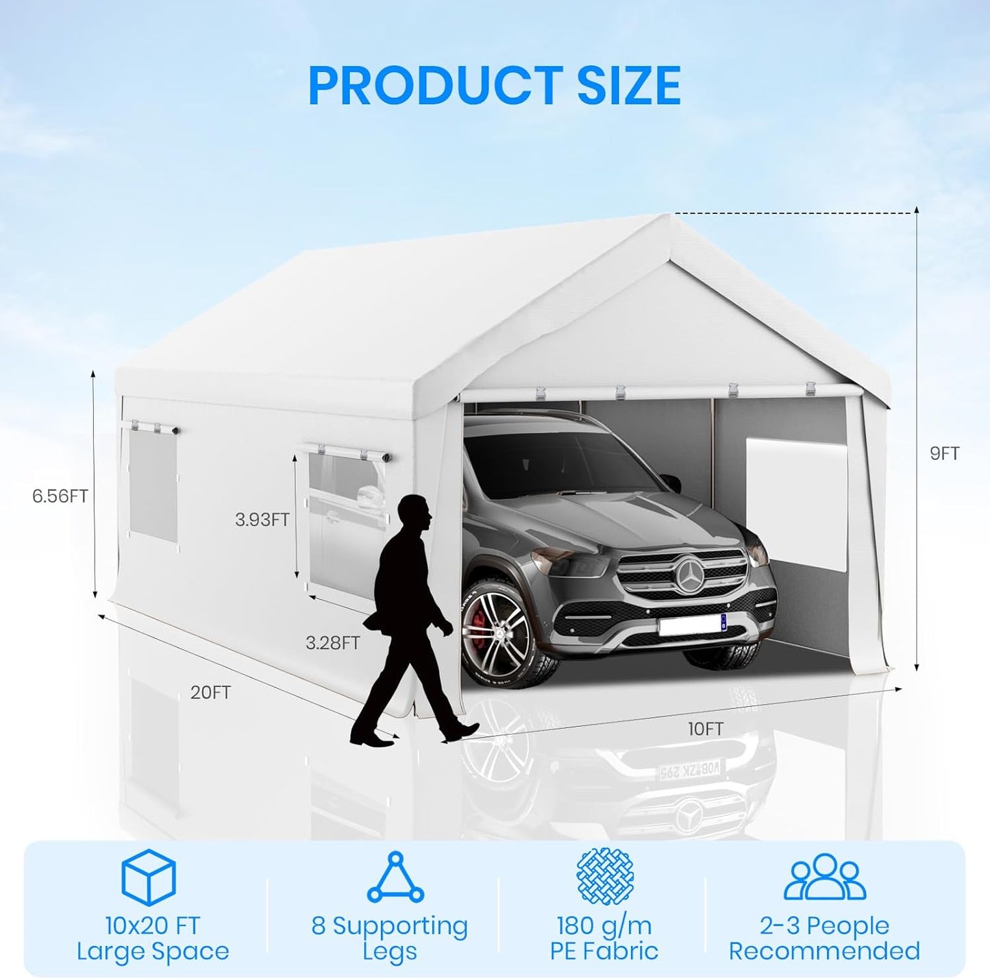 Carport 10x20 FT Heavy Duty, Outdoor Portable Garage with Removable Sidewalls & Doors, Waterproof, UV-Resistant Canopy Shelter for Vehicles, Boats, RVs, Trucks, All-Season Car Port,White