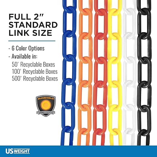 US Weight (Made in USA) 2" x 100' (5 Pack - 500’ Total) Yellow Plastic Safety Chain ft. SunShield UV Resistant Technology