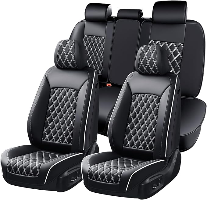 Huidasource Universal Car Seat Cover, Front and Back Full Set Seat Covers, Automotive Waterproof Nappa Leather Car Seat Cover Set Universal Fit for Most Cars, Vans, Trucks, SUVs (Full Set/Black&White)