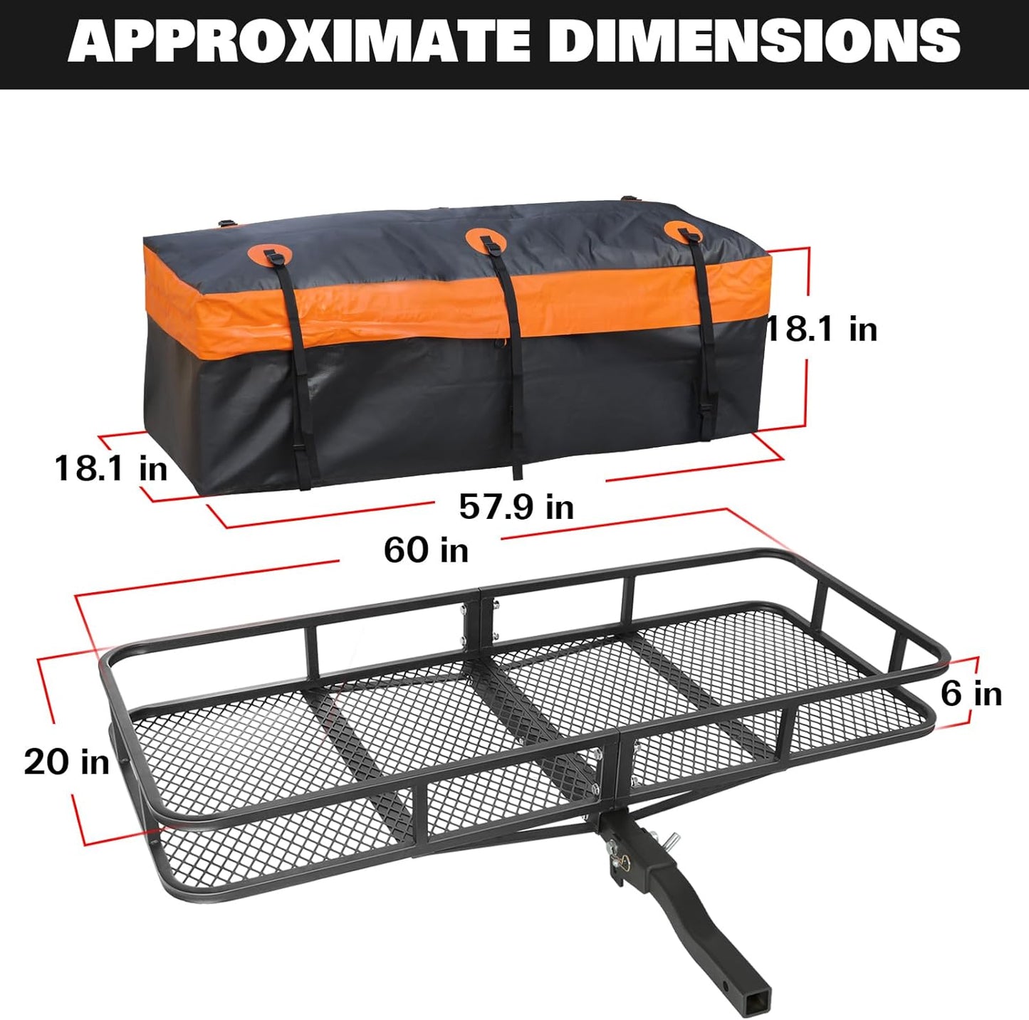 WEIZE Folding Hitch Mount Cargo Carrier 60" x 20" x 6", 500 lbs Capacity Hitch Cargo Rack with Waterproof Bag, Hitch Stabilizer,Net and Straps for SUV Pickup Camping Traveling