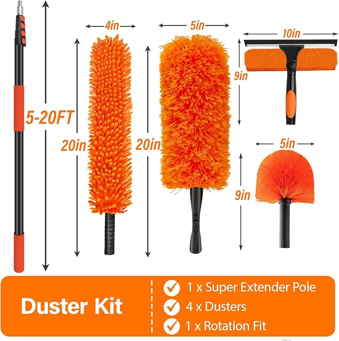 26FT High Reach Duster Cleaning Kit with 5-20 FT Extension Pole,High Ceiling Dusting and Window Cleaning Kit with Microfiber Feather Duster,Cobweb Duster,Ceiling Fan Duster,Window Squeegee Cleaner