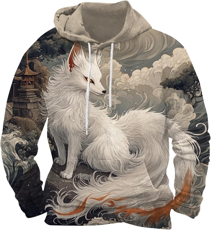 Mens Animal Print Graphic Hoodies Casual Long Sleeve Japanese Art Style Hooded Sweatshirt Lightweight Pullover Tops