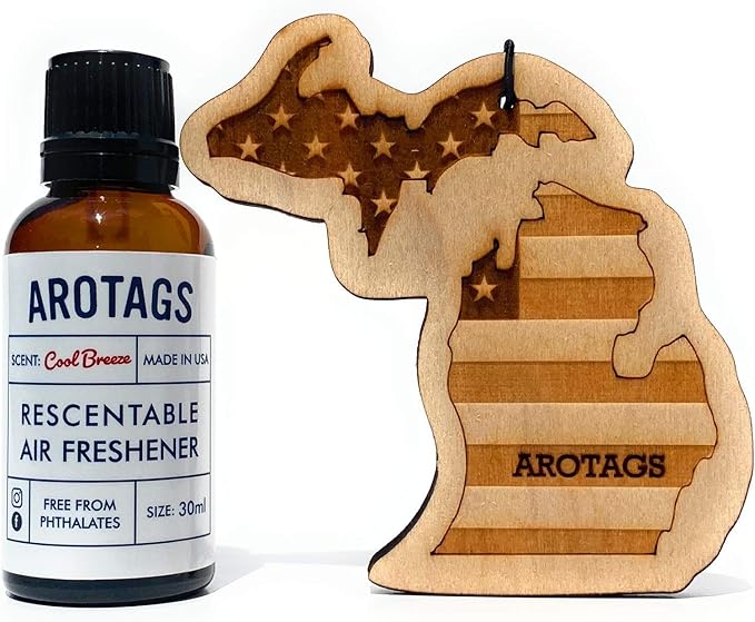 Arotags Car Air Freshener - Reusable Wood Diffuser - Hanging Odor Eliminator - Michigan Patriot - Beach Bum Scent