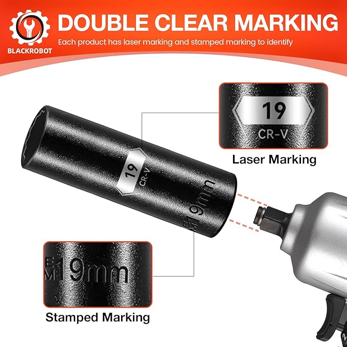 BLACKROBOT 19 mm 12-Point Deep Impact Socket, 1/2 Inch Drive, Metric, Cr-V Steel With Black Manganese Phosphate Coating