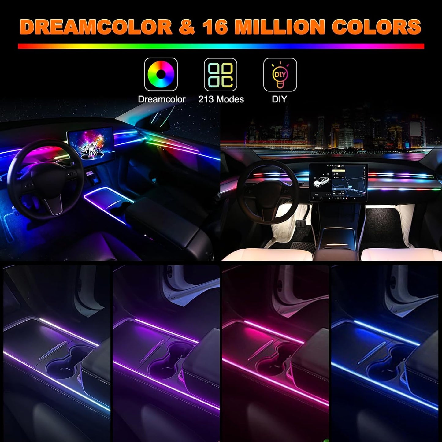 Interior Car LED Strip Lights, Acrylic LED Lights for Car with Dynamic Dreamcolor Chasing, Ambient Lighting Kits Music Sync Wireless APP and RF Remote Control (6 in 1)