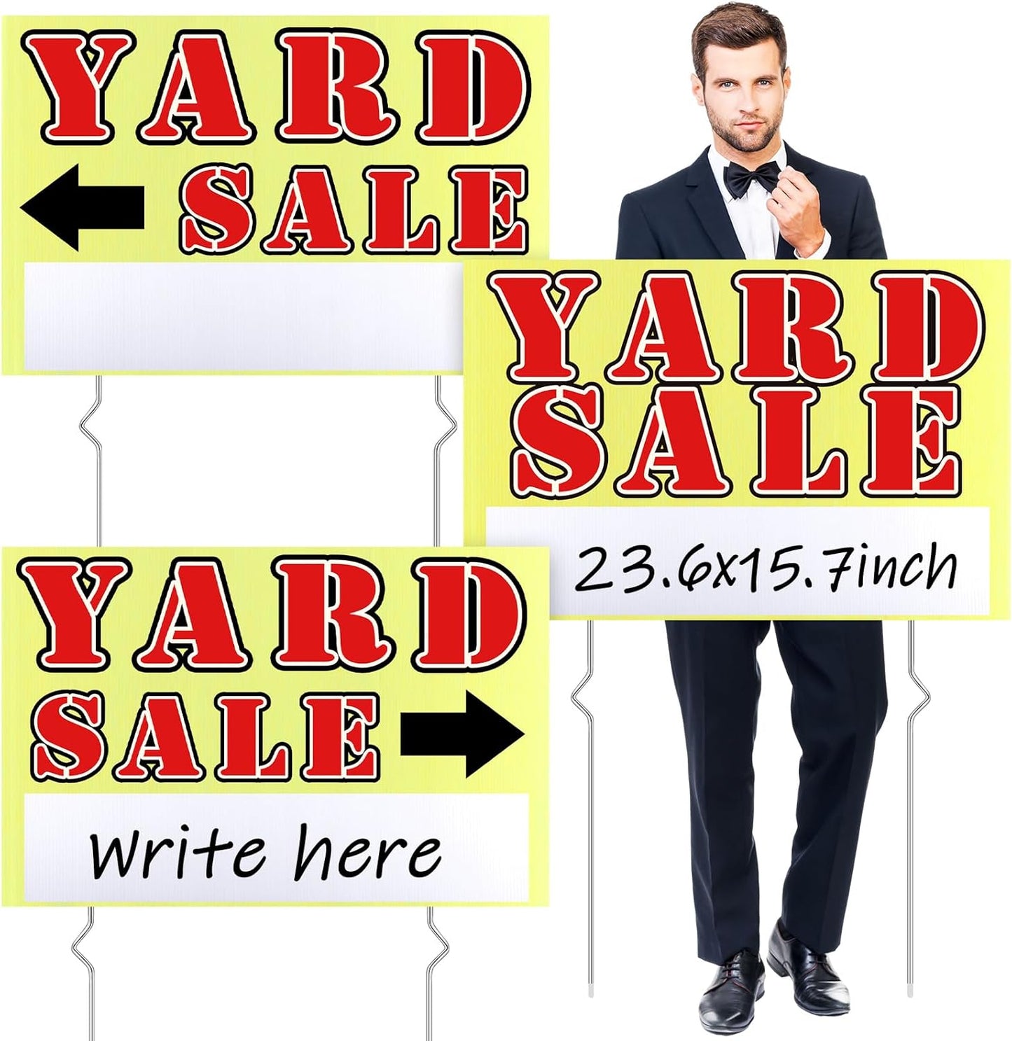 Marsui 3 Pcs Yard Sale Sign 23.6 x 15.7 Inch Double Sided Yard Sale Sign with Metal Stake and Directional Arrow for Outdoor