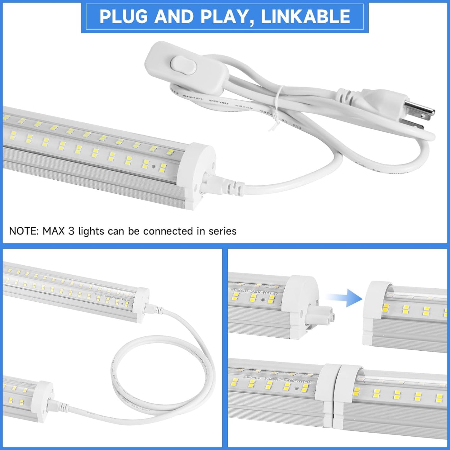 8FT U Shape 125W Integrated Tube Bright LED Light, 6500K Clear White, 20000LM - Flush Mount/Hanging Linkable LED Ceiling Lights for Garage, Plug&Play, 6 Pack