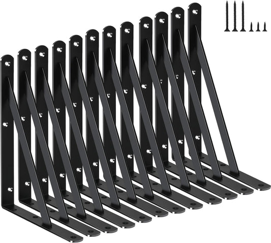12 Pack L8 x H 6" Black Heavy Duty Shelf Brackets with Screws Metal Shelf Brackets Shelf Support Angle Brackets for Shelves L Brackets Heavy Duty Floating Shelf
