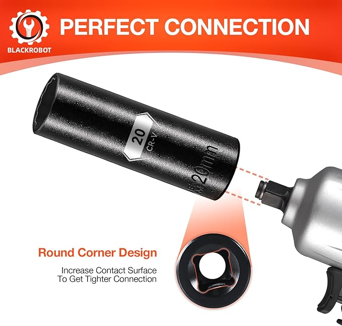BLACKROBOT 20 mm 12-Point Deep Impact Socket, 1/2 Inch Drive, Metric, Cr-V Steel With Black Manganese Phosphate Coating
