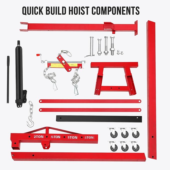 2 Ton Hydraulic Engine Hoist with Lever Stabilizer , Cherry Picker Engine Hoist, 4400LBS Heavy Duty Garage Crane with 6 Swivel Casters & Adjustable Telescopic Boom, for Auto Repair & Workshop (Red)