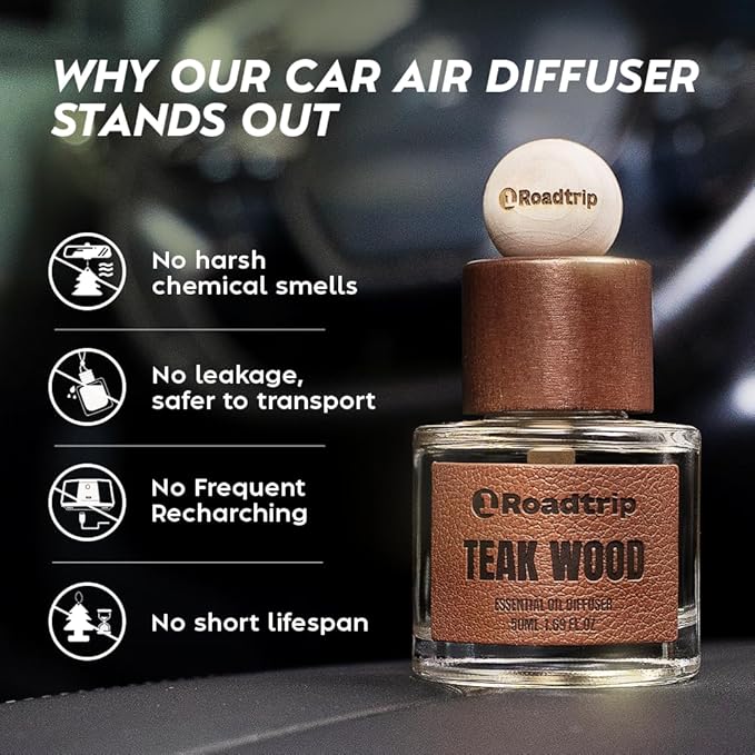 Car Air Freshener - Long Lasting Aromatherapy Essential Oil Diffuser - Car Cup Holder Accessories for Men & Women - Non Toxic Air Freshener - Teakwood Scent Diffuser 1.69 FL OZ/50ML