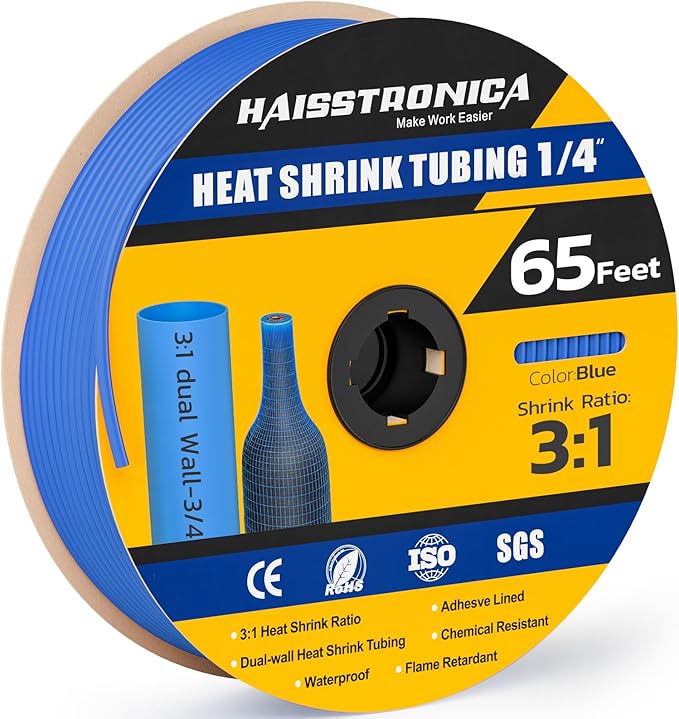 haisstronica 3:1 Heat Shrink Tubing, Shrink Ratio Adhesive Lined Marine Grade Heat Shrink Tube for Home, Automotive and Industrial (Blue) 65FT 1/4inch