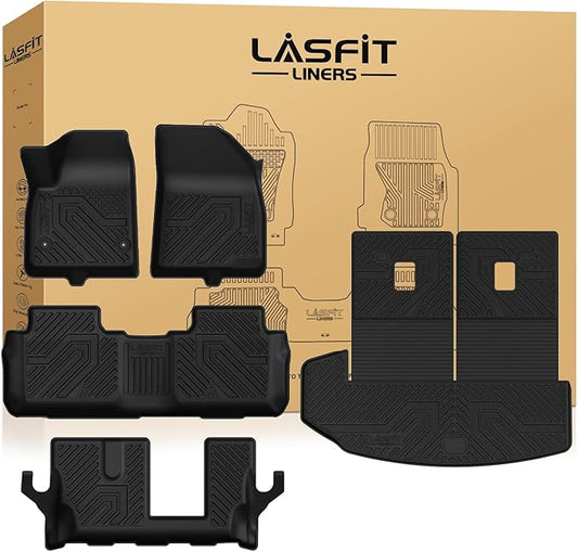 LASFIT Floor Mats & Cargo Liner with Backrest Mat 2020-2025 & Only 7 Seats (Not for 6 Seats) for Cadillac XT6, All Weather TPE Custom Fit Floor Liners for Cars, Car Floor Mats Full Set for XT6, Black