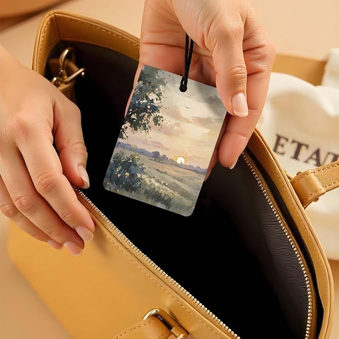 Sunset Landscape Car Air Freshener 4 Pcs, Oil Painting - Style Scenery Hanging Air Freshener for Cars Closet Drawer Books, Car Accessories Mirror Decor for Nature Lovers.