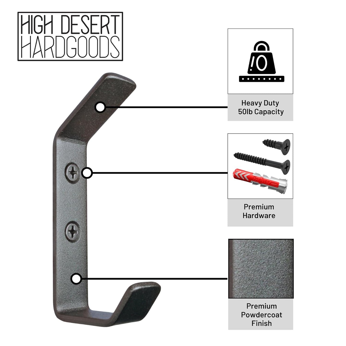 Wall Hooks Single Hook 4-Pack - Made in USA - 50 lb Capacity Stel Coat Hooks, Powder Coated Metal Wall Mount Hooks for Entryway, Garage, Bathroom.