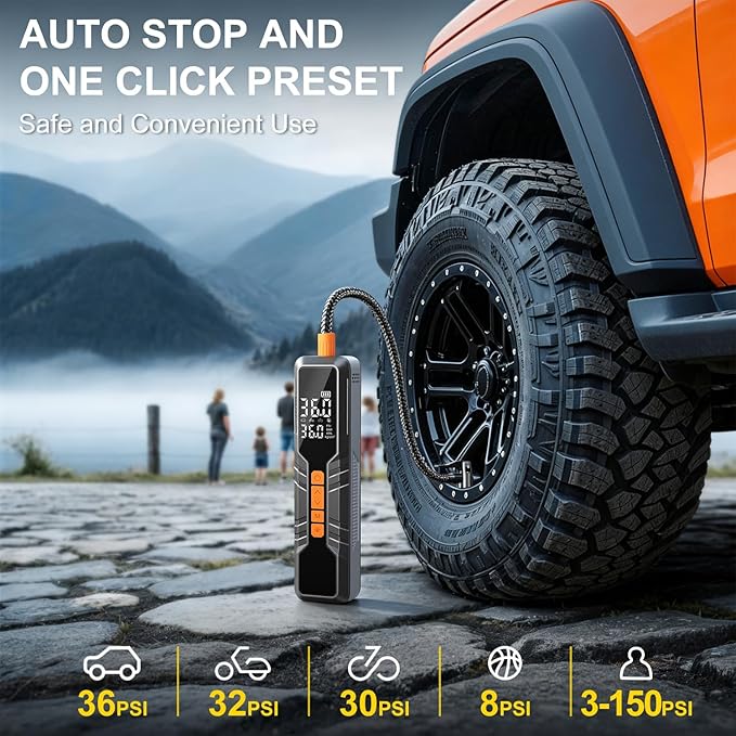 Tire Inflator Portable Air Compressor - 150PSI Cordless Air Pump for Car Tires, Portable Tire Inflator for Car, DC 12V Air Compressor with Pressure Gauge/LED Light for Auto/Bike/Motorcycle/Ball