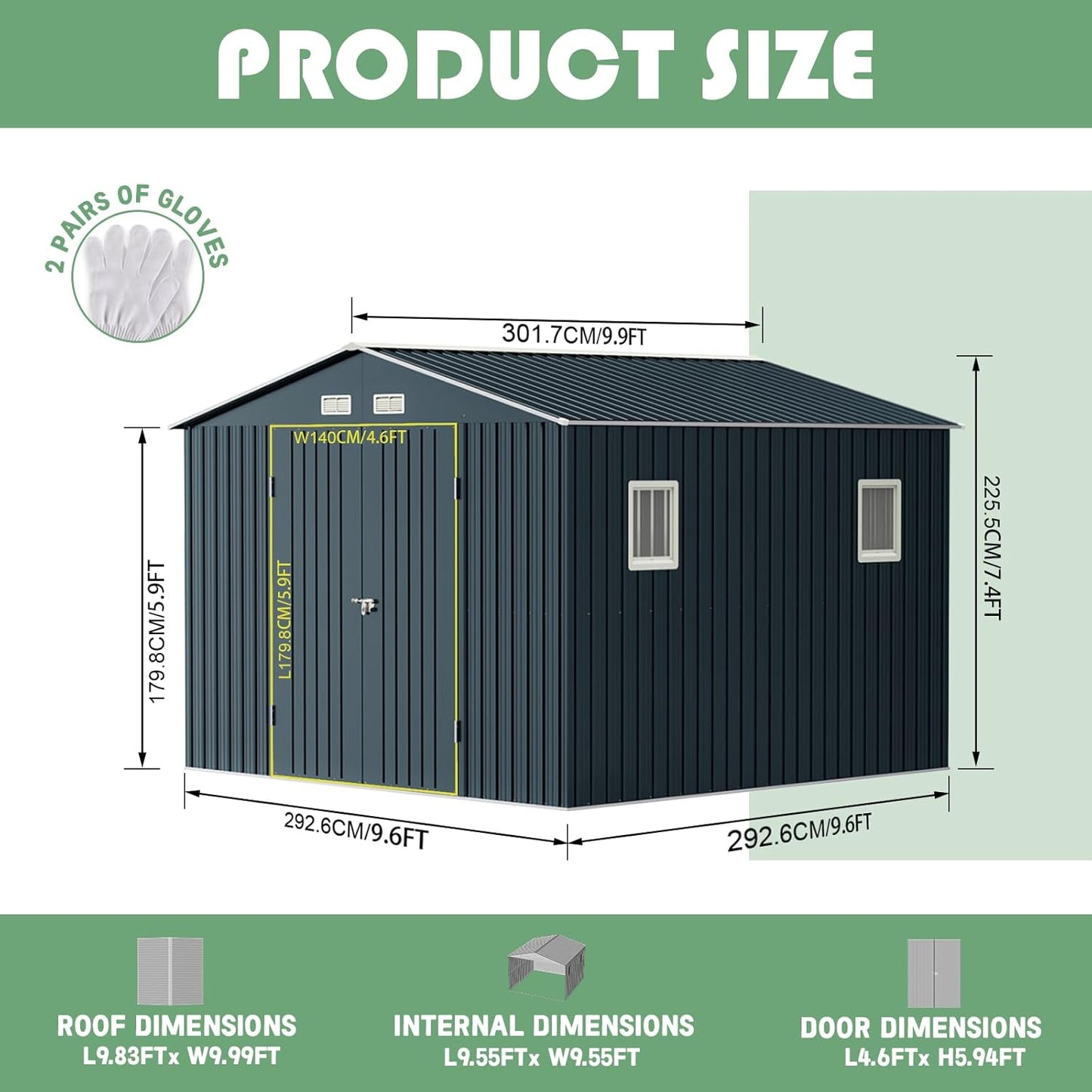 Breezz Outdoor Storage Shed 10X10FT. Utility Tool Shed Metal Storage Garden Shed with Lockable Doors, Windows & Metal Frame Floor for Patio Storage, Nightblue